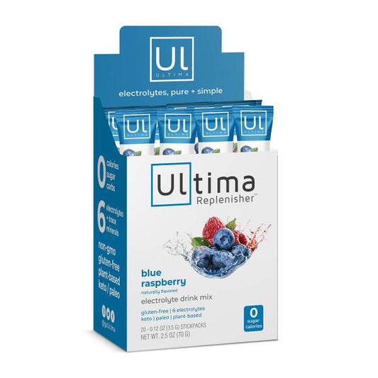 Ultima Replenisher Electrolyte Hydration Drink Mix, Blue Raspberry, 20 Serving Stickpack Box - Sugar Free, 0 Calories, 0 Carbs - Gluten-Free, Keto, Non-GMO, Vegan, with Magnesium, Potassium, Calcium
