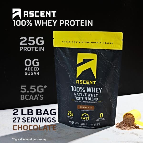 Ascent 100% Whey Protein Powder - Post Workout Whey Protein Isolate, Zero Artificial Flavors & Sweeteners, Gluten Free, 5.5g BCAA, 2.6g Leucine, Essential Amino Acids, Chocolate 2 lb