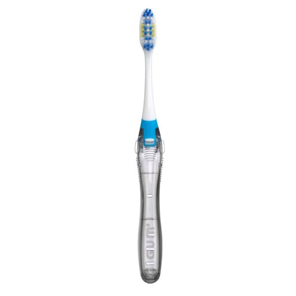 6 GUM Folding Travel Toothbrush, Compact Head + Tongue Cleaner, Soft Bristled Travel Toothbrushes for Adults, 2ct (Colors may vary)