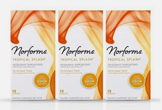 3 Norforms Feminine Deodorant Suppositories Long Lasting Odor Control Tropical Splash, 12 Count