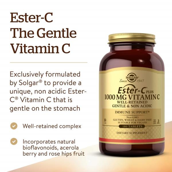 Solgar Ester-C Plus 1000 mg Vitamin C (Ascorbate Complex) - 180 Tablets - Gentle & Non Acidic - Supports Upper Respiratory Health - Non-GMO, Gluten-Free - 180 Servings