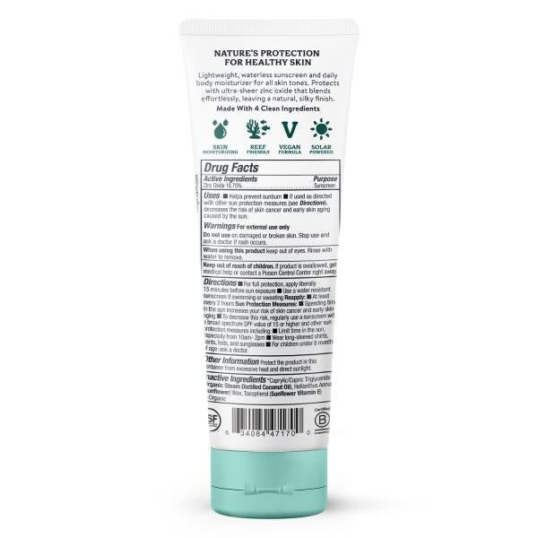 Badger Mineral Daily Sunscreen with Zinc Oxide, SPF 30, Larger Tube, Lightweight & Easy to Apply w/No White Cast, Certified Organi, Reef Safe, Vegan, Unscented, 4 fl oz