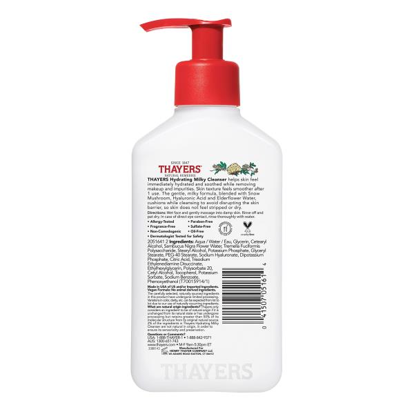 THAYERS Milky Hydrating Face Cleanser with Snow Mushroom, Hyaluronic Acid, Dermatologist Recommended Gentle Facial Wash, Hydrating Skincare for Dry, Sensitive Skin, Paraben Free, 8 FL Oz, Clear