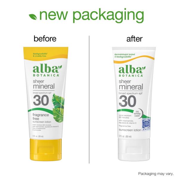 (4) Alba Botanica Sunscreen Lotion, Sensitive Mineral, SPF 30, Fragrance Free, 3 oz