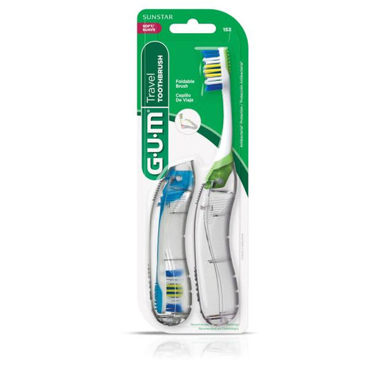 6 GUM Folding Travel Toothbrush, Compact Head + Tongue Cleaner, Soft Bristled Travel Toothbrushes for Adults, 2ct (Colors may vary)