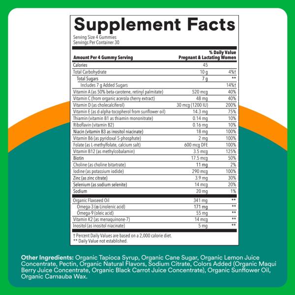 SmartyPants Organic Prenatal Vitamins for Women, Multivitamin Gummies: Biotin, Methylfolate, Omega 3 (ALA), Vitamin D3, C, Vitamin B12, B6, A, K2 & Zinc, Choline, Vegetarian, 120 Count (30 Day Supply)