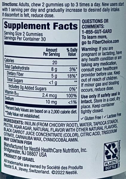 3x Fiber Choice Prebiotic 5g Fiber Supplement Energy B12 Metabolism 180 Gummies