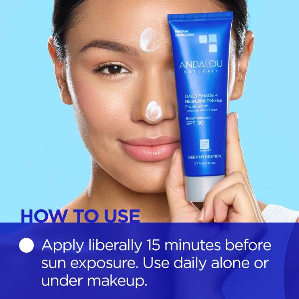 Andalou Naturals Face Sunscreen, SPF 30 Daily Shade + Blue Light Defense Facial Lotion, Broad Spectrum Protection, Deeply Hydrating Mineral Sun Block with Hyaluronic Acid & Zinc Oxide, 2.7 Fl Oz
