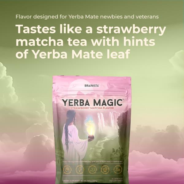 Brainista Yerba Mate Instant Tea Powder, 3-in-1 Super Drink - Clean Energy, Brain Fog Buster, and Gut Health Powered by Nootropics, Prebiotics and Probiotics | Yerba Magic Strawberry Matcha 30 Servings