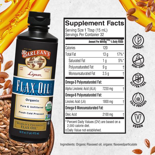 READ Barlean's Organic Lignan Omega 3 Flaxseed Oil Liquid Supplement for Men and Women, Cold Press Flax Seeds, 7230mg ALA Fatty Acid, Vegan and Gluten Free, 16 oz