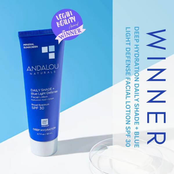 Andalou Naturals Face Sunscreen, SPF 30 Daily Shade + Blue Light Defense Facial Lotion, Broad Spectrum Protection, Deeply Hydrating Mineral Sun Block with Hyaluronic Acid & Zinc Oxide, 2.7 Fl Oz