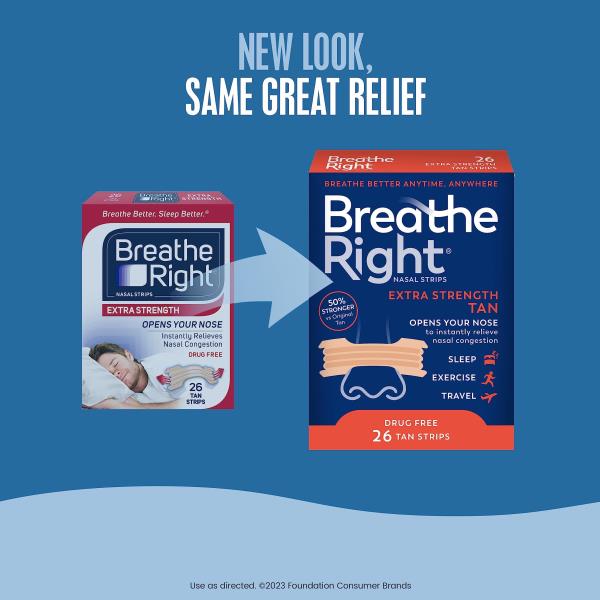 Breathe Right Nasal Strips, Extra Strength, Tan Nasal Strips, Help Stop Snoring, Drug-Free Snoring Solution & Instant Nasal Congestion Relief Caused by Colds & Allergies, 26 Count (Packaging May Vary)