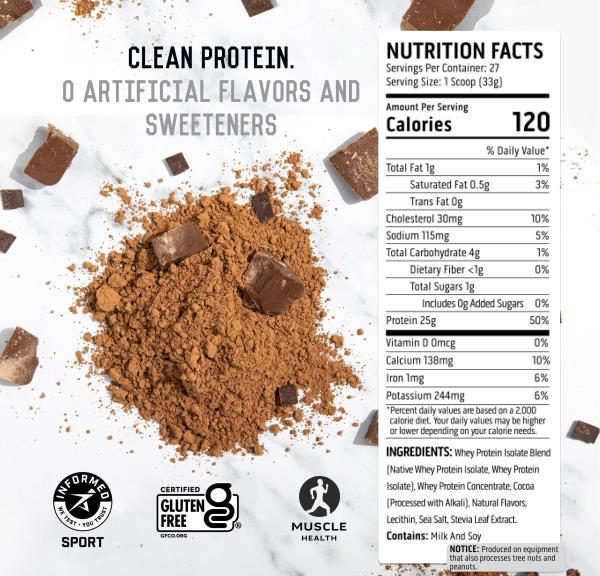 Ascent 100% Whey Protein Powder - Post Workout Whey Protein Isolate, Zero Artificial Flavors & Sweeteners, Gluten Free, 5.5g BCAA, 2.6g Leucine, Essential Amino Acids, Chocolate 2 lb