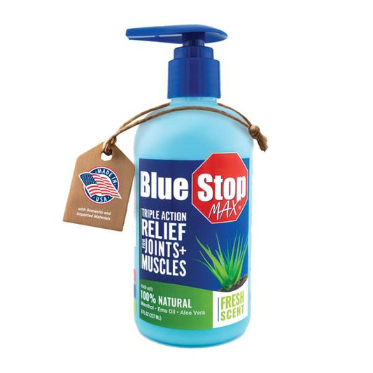 (2 Bottles) Blue Stop Max Muscle & Joint Relief Gel: Fast-Acting Sore Muscle, Back & Neck Relief Cream, Numbing Emu Oil Formula for Ankle, Leg Cramps, Tennis Elbow - 8 Oz Pump Bottle
