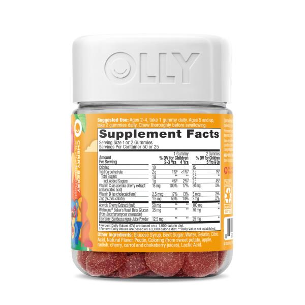 (3 Pack) OLLY Kids Immunity Gummy, Immune Support, Wellmune, Elderberry, Vitamin C, Zinc, Chewable Supplement, Cherry - 50 Count