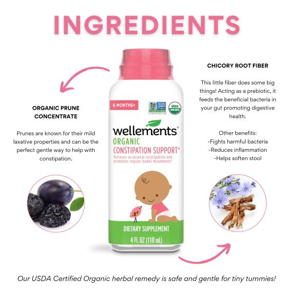 2x Wellements Organic Constipation Support | Safe and Gentle Organic Constipation Relief for Infants, Babies and Toddlers | No Harsh Laxatives | USDA Certified Organic | 4 Fl Oz. 6 Months +