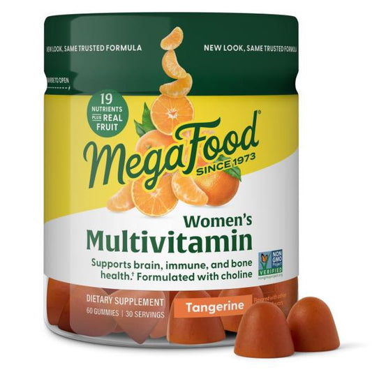 MegaFood Women's Multi - Multivitamin for Women - Gummy Vitamins - Vitamin C, Vitamin D, Zinc, Vitamin B12 & Choline - Immune Support & Bone Health - Vegetarian - Tangerine - 60 Gummies (30 Servings)