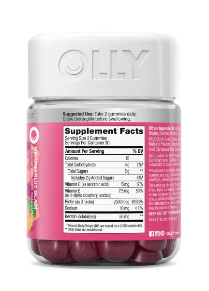OLLY Undeniable Beauty Gummy, For Hair, Skin, Nails, Biotin, Vitamin C, Keratin, Chewable Supplement, Grapefruit, 30 Day Supply - 60 Count