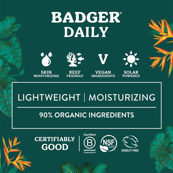 Badger Mineral Daily Sunscreen with Zinc Oxide, SPF 30, Larger Tube, Lightweight & Easy to Apply w/No White Cast, Certified Organi, Reef Safe, Vegan, Unscented, 4 fl oz
