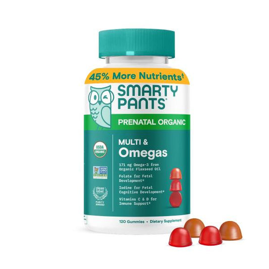 SmartyPants Organic Prenatal Vitamins for Women, Multivitamin Gummies: Biotin, Methylfolate, Omega 3 (ALA), Vitamin D3, C, Vitamin B12, B6, A, K2 & Zinc, Choline, Vegetarian, 120 Count (30 Day Supply)