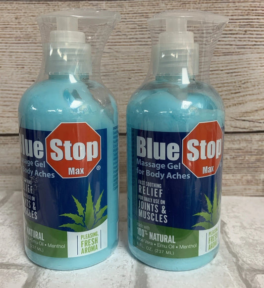 (2 Bottles) Blue Stop Max Muscle & Joint Relief Gel: Fast-Acting Sore Muscle, Back & Neck Relief Cream, Numbing Emu Oil Formula for Ankle, Leg Cramps, Tennis Elbow - 8 Oz Pump Bottle