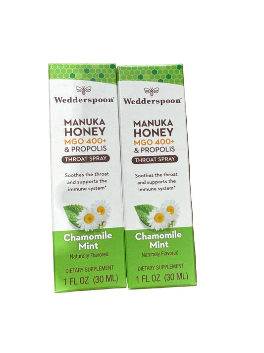 2x 9/26 Wedderspoon PROPOLIS AND MANUKA HONEY THROAT SPRAY, CHAMOMILE & MINT, 1 Fl Oz, Sore Throat Relief, Natural Immune Support