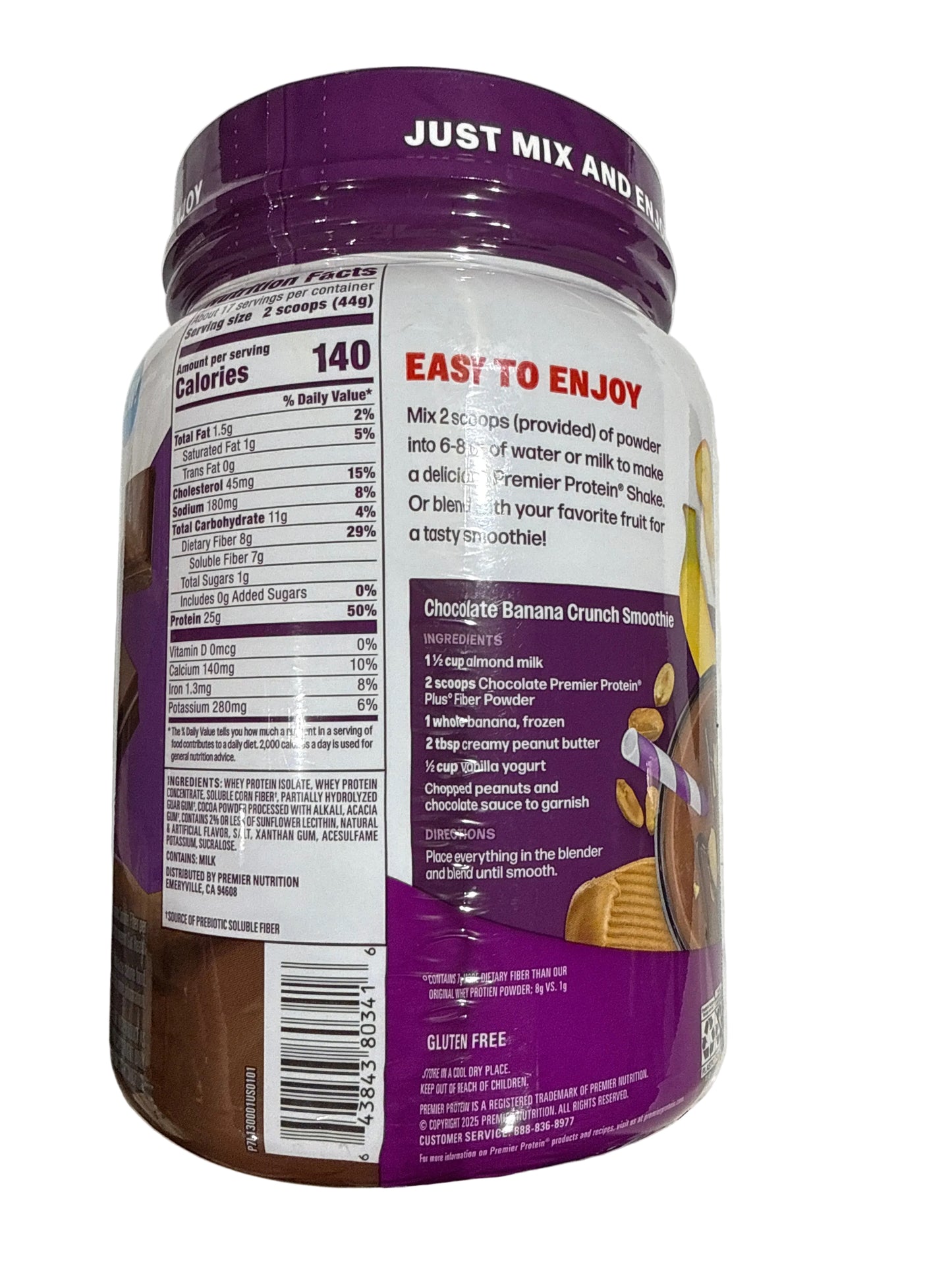 Premier Protein Powder Plus Fiber, Chocolate, 25g Protein, 7g Fiber to Support Gut Health, No Added Sugar (17 Servings)