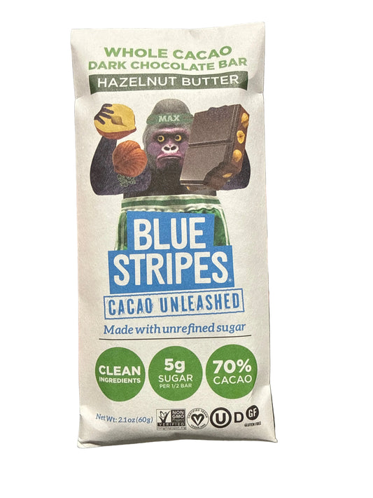 10/26 Blue Stripes Whole Cacao Hazelnut Butter Chocolate PACK 12, Bar  2.1 OZ