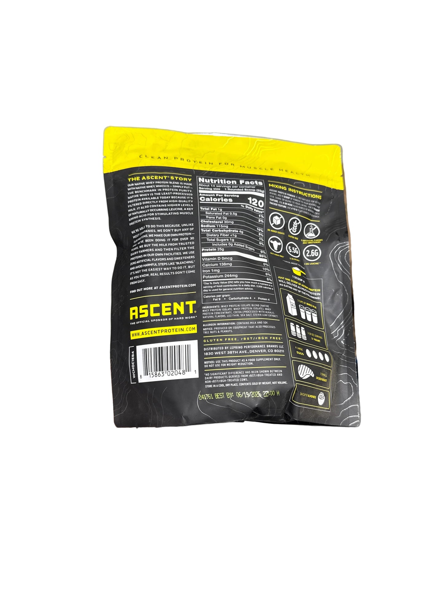 Ascent 100% Whey Protein Powder - Post Workout Whey Protein Isolate, Zero Artificial Flavors & Sweeteners, Gluten Free, 1 lb Chocolate