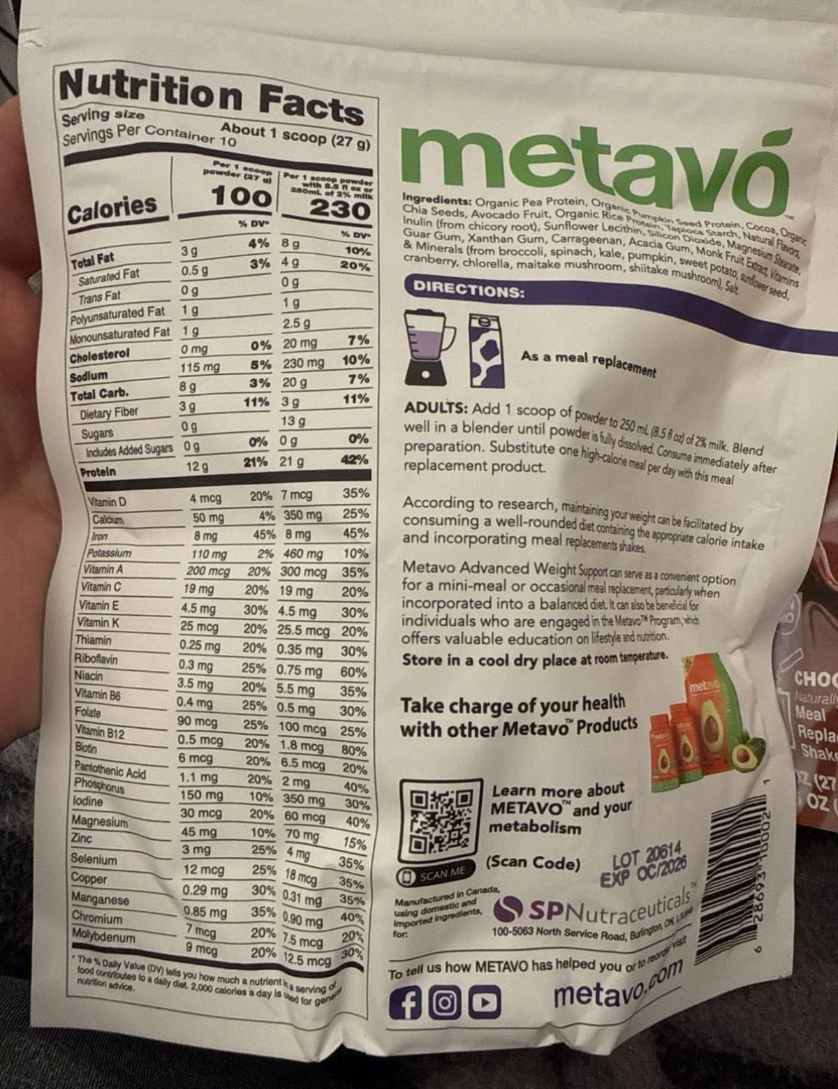 3 Bags Metavo Meal Replacement Shake Mix Chocolate Avocado Weight Support 9.5 Oz