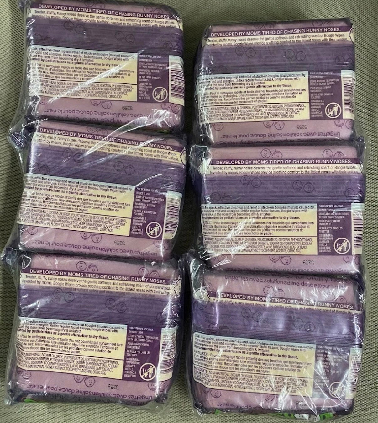 Gentle Saline Boogie Wipes for stuffy noses- 6 pack- Grape Scented-New & Sealed