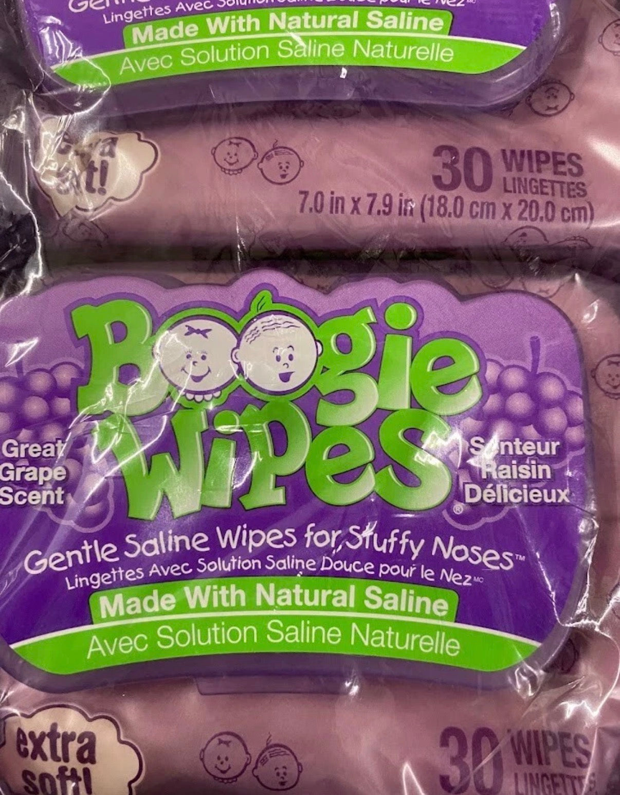 Gentle Saline Boogie Wipes for stuffy noses- 6 pack- Grape Scented-New & Sealed