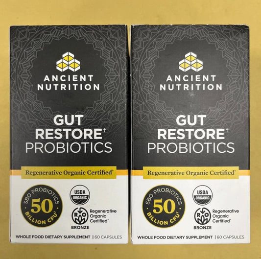 2 New Ancient Nutrition Gut Restore Probiotics - 60 Capsules Each Box Exp. 07/26