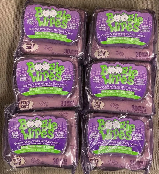 Gentle Saline Boogie Wipes for stuffy noses- 6 pack- Grape Scented-New & Sealed