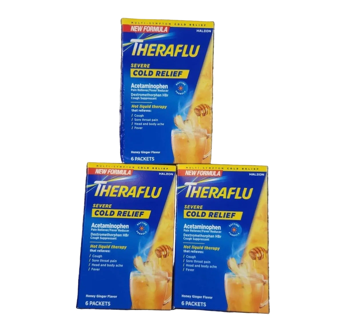 3x 9/26 Theraflu Daytime Cold Relief Powder Honey Ginger Flavor, 18 packets