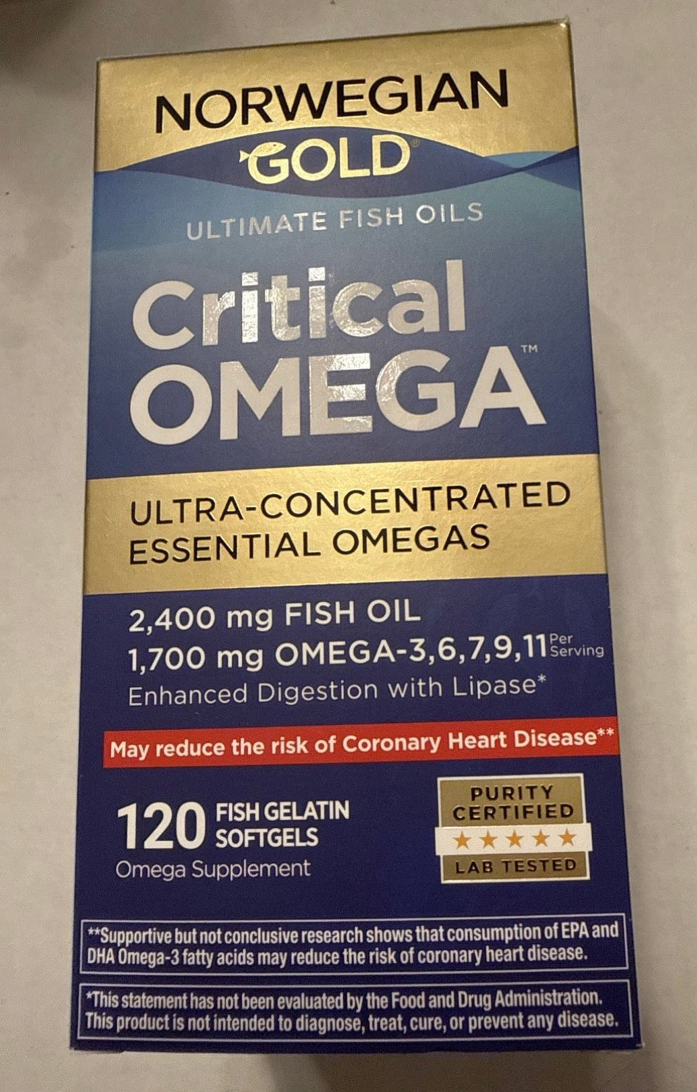 9/27 NORWEGIAN  GOLD   FISH OIL. CRITICAL OMEGA.  120 Soft Gels. Exp 9/27