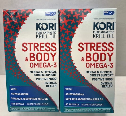 2 Pack KORI Pure Antarctic Krill Oil Stress & Body Omega-3. 80 Softgels Exp.7/26