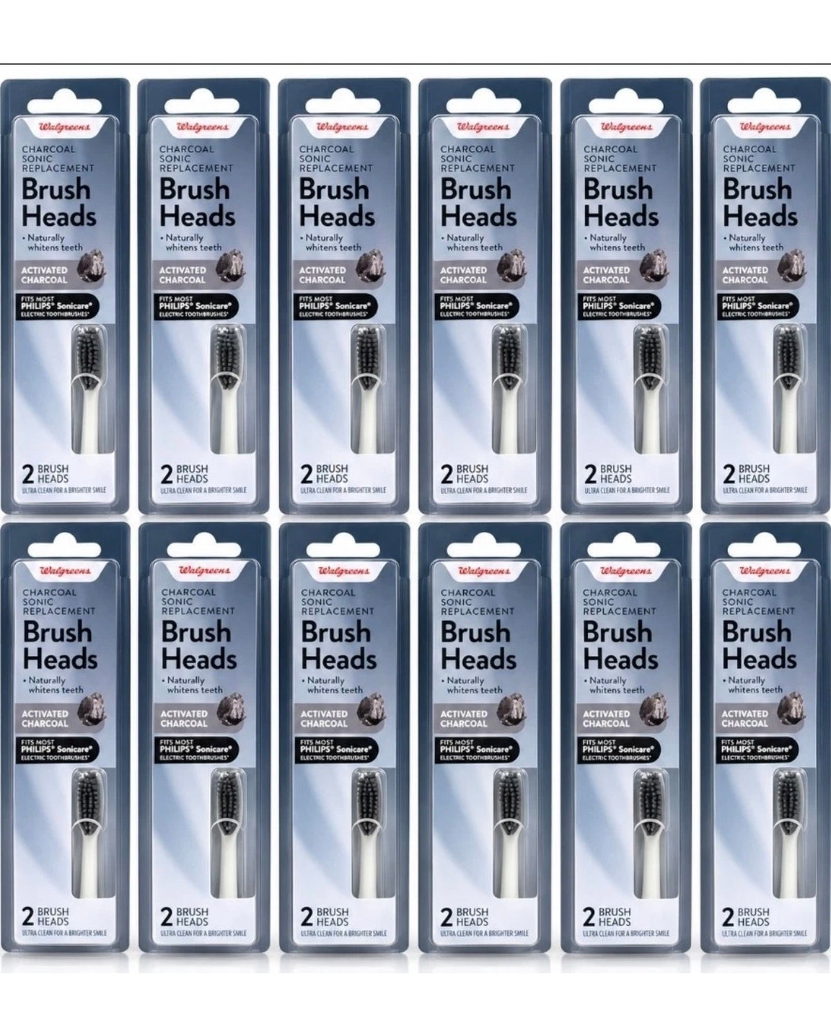 12 WALGREENS CHARCOAL Phillips SONIC REPLACEMENT BRUSH HEADS-2 BRUSH HEADS