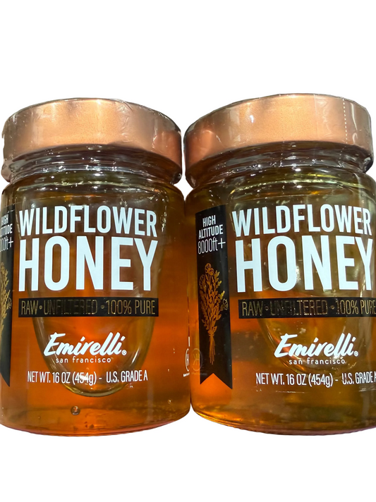 2x 4/27 Emirelli Wildflower Honey 100% Pure, Raw & Unfiltered - From the High Attitude Mountains - Liquid Gold -16oz Jar