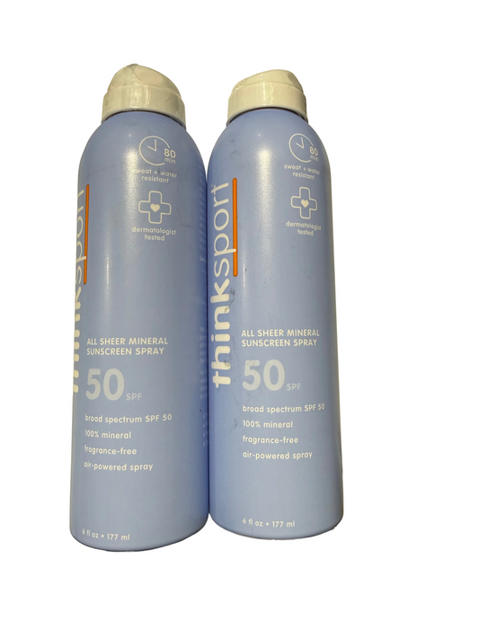 2-ThinkSport All Sheer Mineral Sunscreen Spray SPF 50 6 oz each Exp 2/28