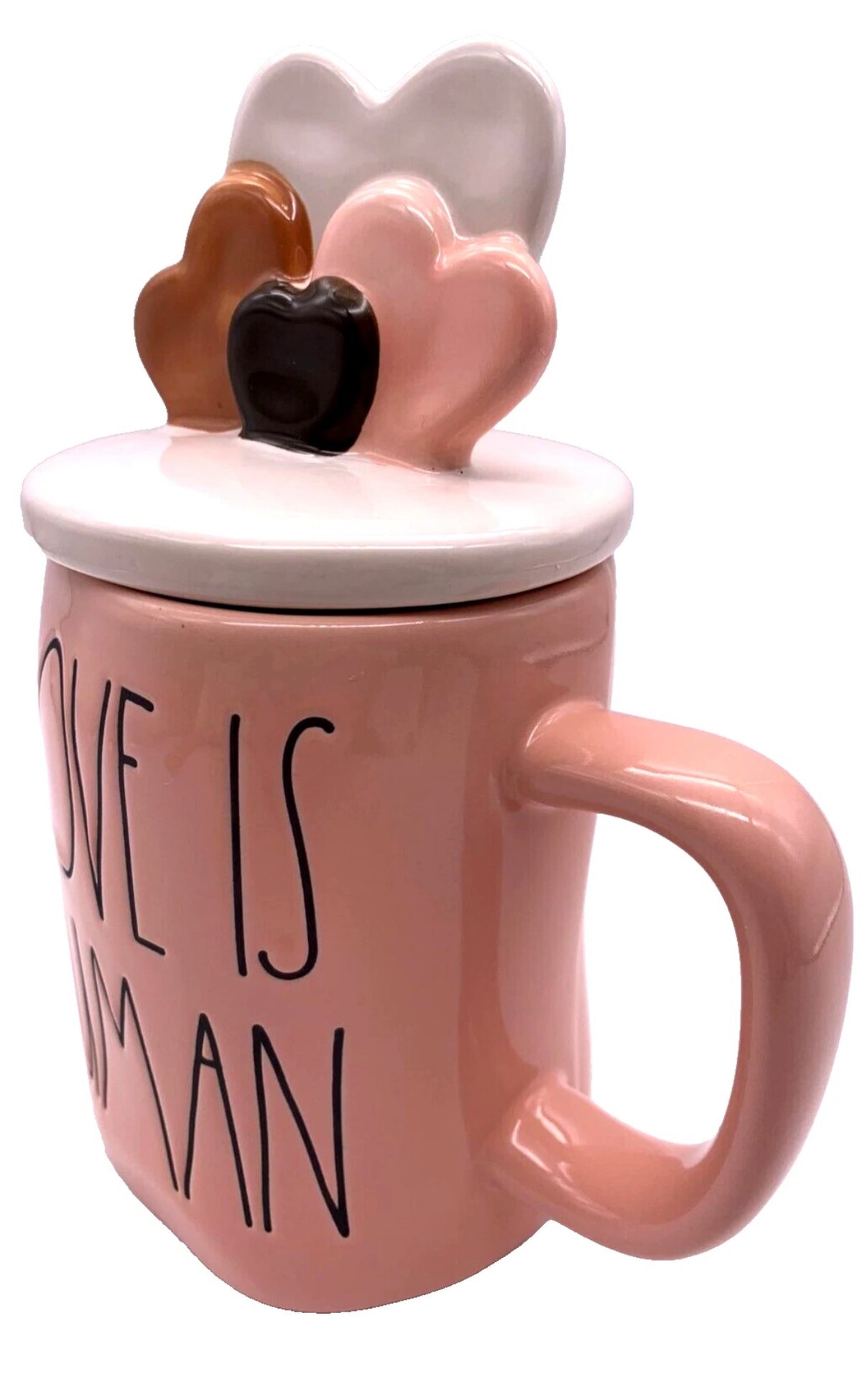 Rae Dunn Valentine's Day LOVE IS HUMAN mug - with HEARTS Topper - Ceramic 16 oz New