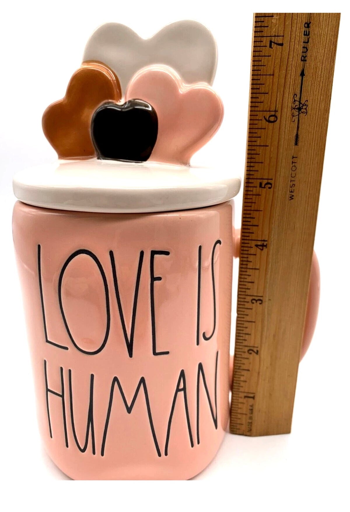 Rae Dunn Valentine's Day LOVE IS HUMAN mug - with HEARTS Topper - Ceramic 16 oz New