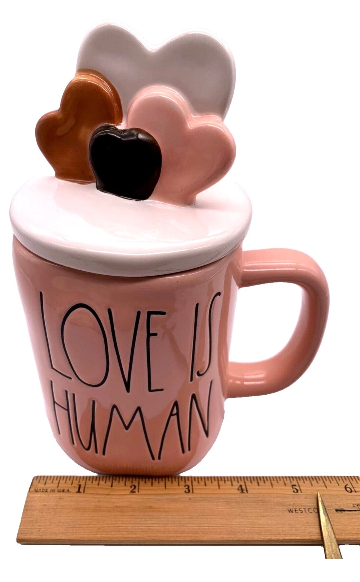 Rae Dunn Valentine's Day LOVE IS HUMAN mug - with HEARTS Topper - Ceramic 16 oz New