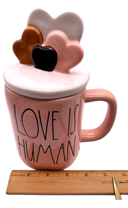 Rae Dunn Valentine's Day LOVE IS HUMAN mug - with HEARTS Topper - Ceramic 16 oz New