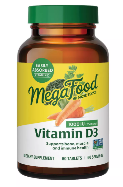 MegaFood Vitamin D3 1000 IU (25 mcg) - Vitamin D Supplements with Real Food, Immune Support, Supports Bones, Teeth & Muscles, Vegetarian, Gluten-Free, Non-GMO, Kosher – 60 Tablets, 60 Servings
