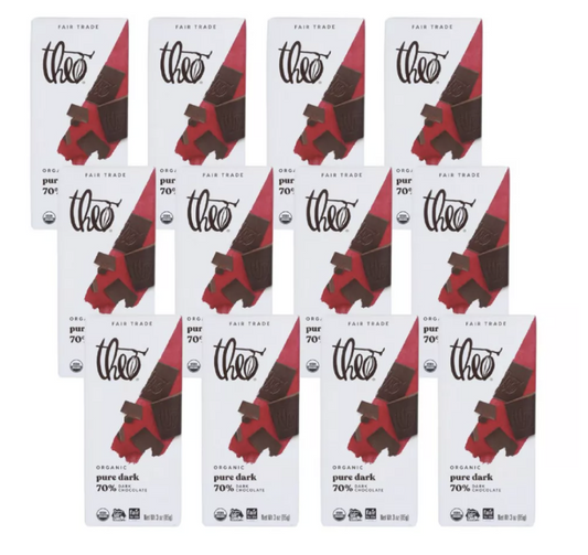 6/26 Theo Pure Organic Dark Chocolate Bar, 70% Cacao, 12 Bars | Vegan, Fair Trade