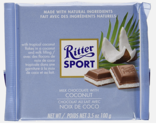 5/26 (12 Bars) Ritter Sport Milk Chocolate with Coconut Filling 100g/3.52oz