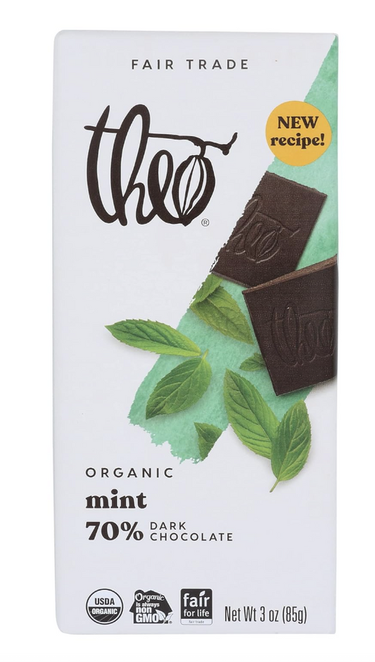 8/26 Theo Chocolate Organic Mint Bar, 70% Dark Chocolate, 3 Oz (Pack of 12)