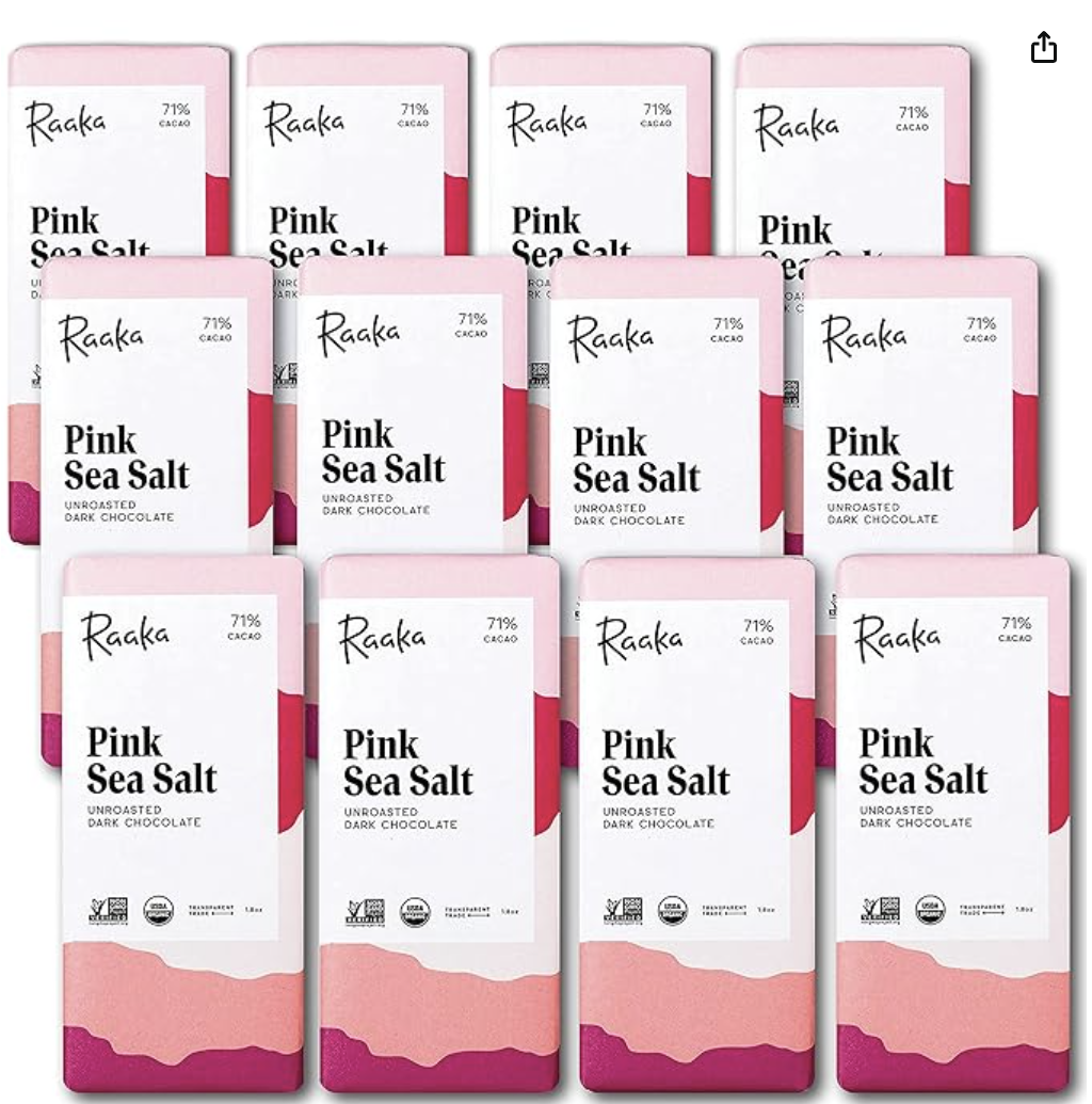 Raaka Chocolate Pink Sea Salt 71% Dark Chocolate Bar | Organic, Vegan, Gluten Free, Kosher | 1.8oz