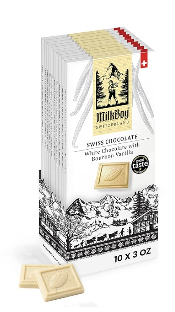 Milkboy Swiss Chocolates White Chocolate Bars Bourbon Vanilla  - 3 oz, Pack 10